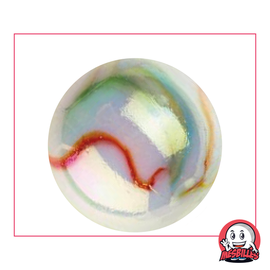 Edelmurmel 42 mm aus mehrfarbigem Glas, perlweiß mit Spiralen verziert, sehr große Murmel