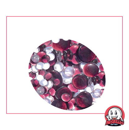 Flache Murmeln, violette und kristallklare Mischung, 30 mm, 18 mm und 12 mm, 250 g.