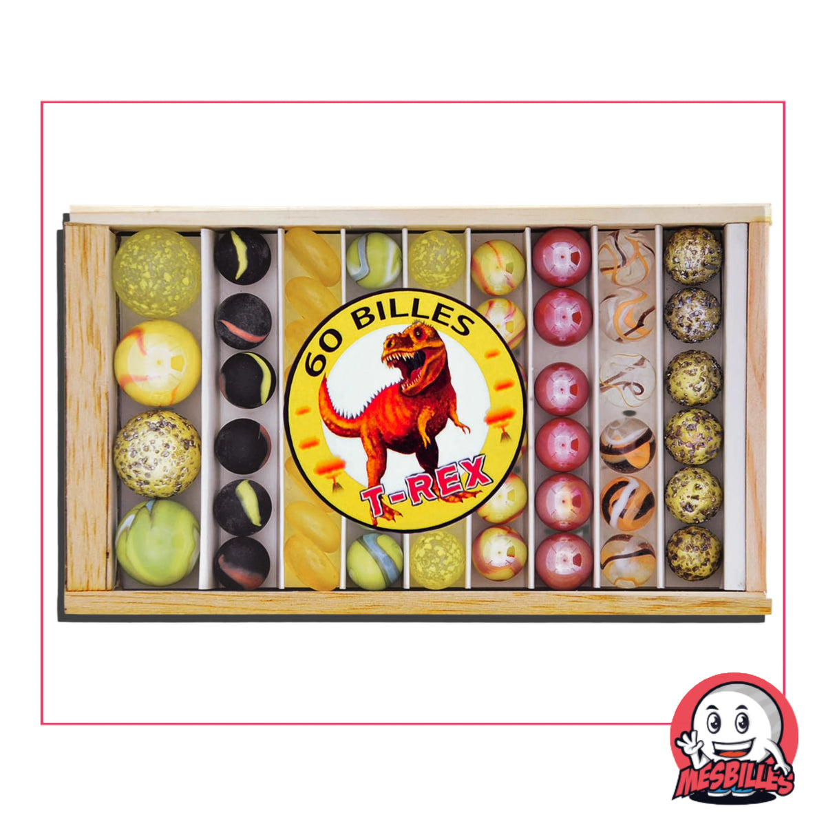 Coffret en bois contenant 60 billes aux tons rouges, jaunes, noirs et bruns, sur le thème T-Rex, avec une étiquette illustrée d’un dinosaure rugissant.