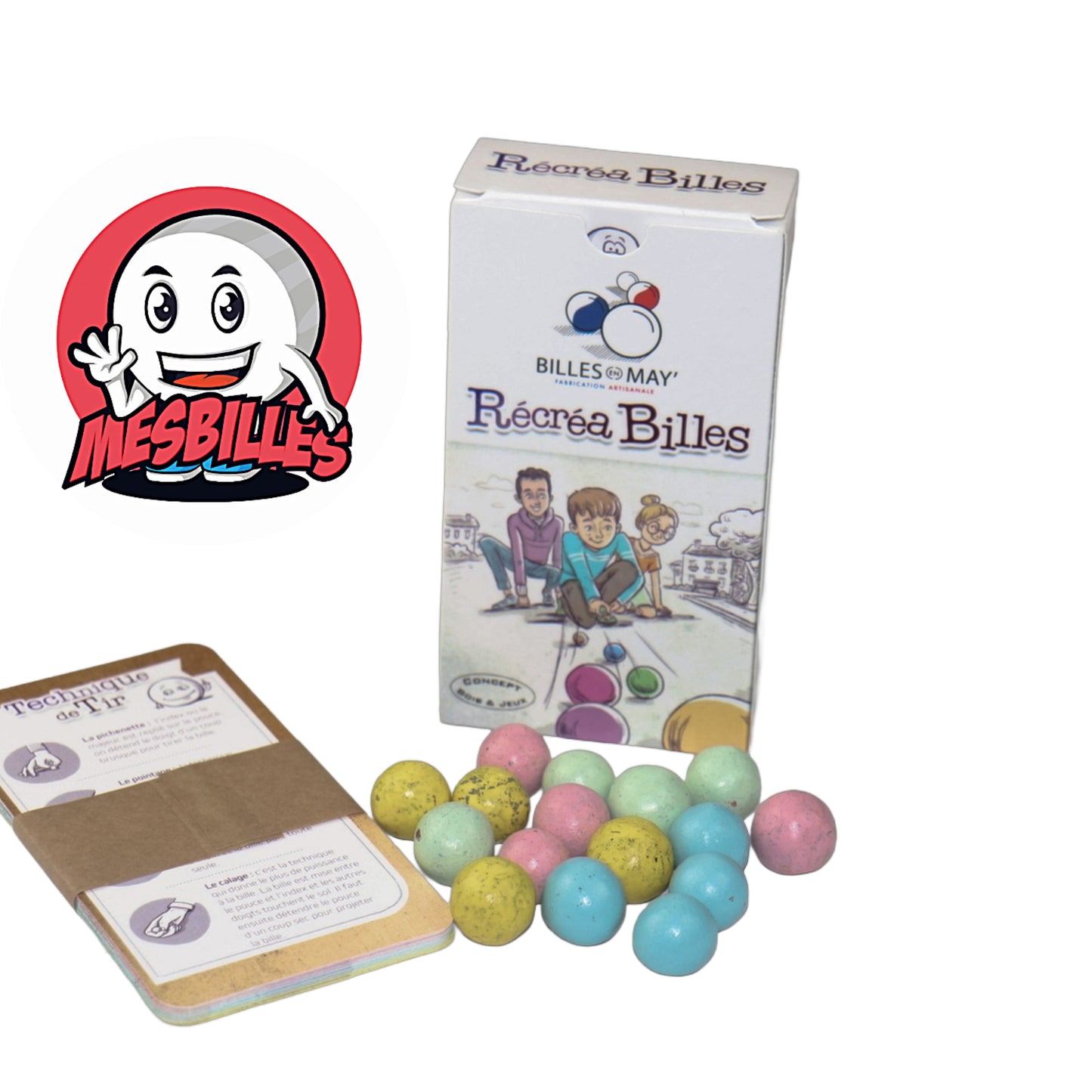 Boîte de jeu Récréa Billes avec illustration d’enfants jouant aux billes – MesBilles