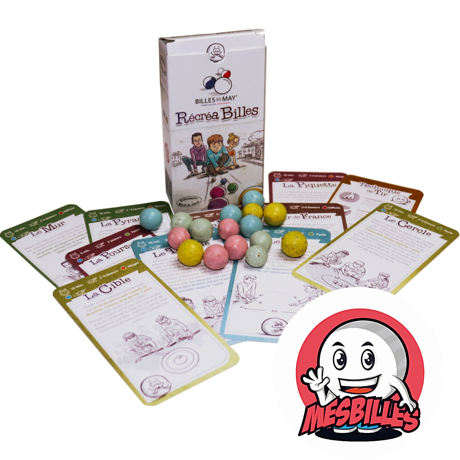 Coffret Récréa Billes avec billes en terre et cartes de jeux traditionnels et défis – MesBilles