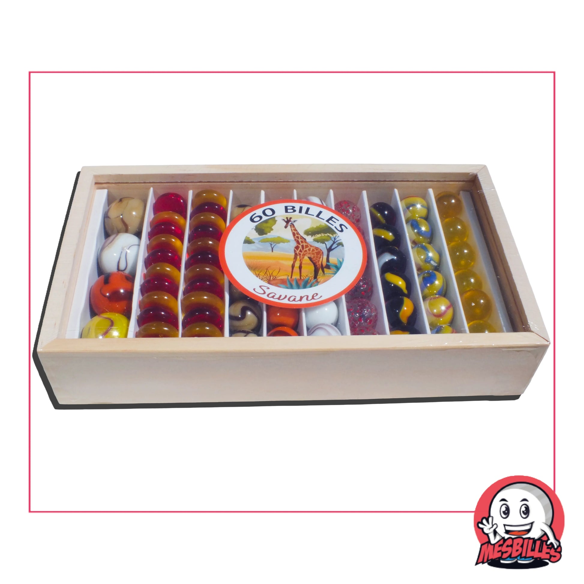 Coffret en bois Kim'Play par MesBilles, réunissant 60 billes au thème Savane