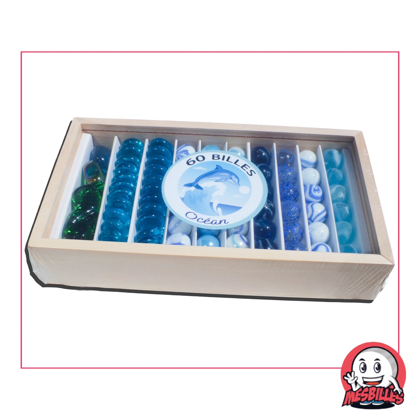 Coffret en bois Kim'Play par MesBilles, réunissant 60 billes au thème Océan